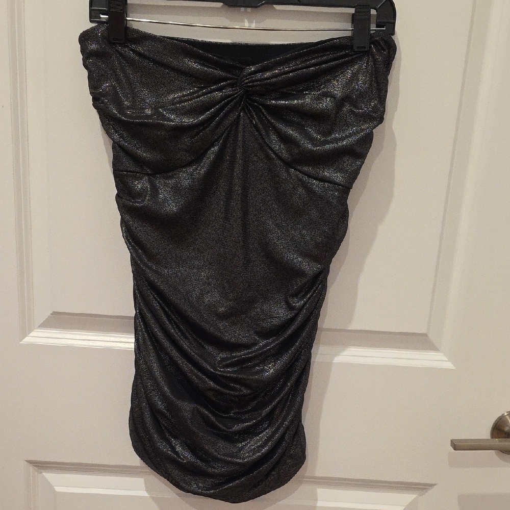 Express Shimmering Black Ruched Strapless Top